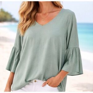 J.Jill cotton modal vneck blouse with button sleeve detail M